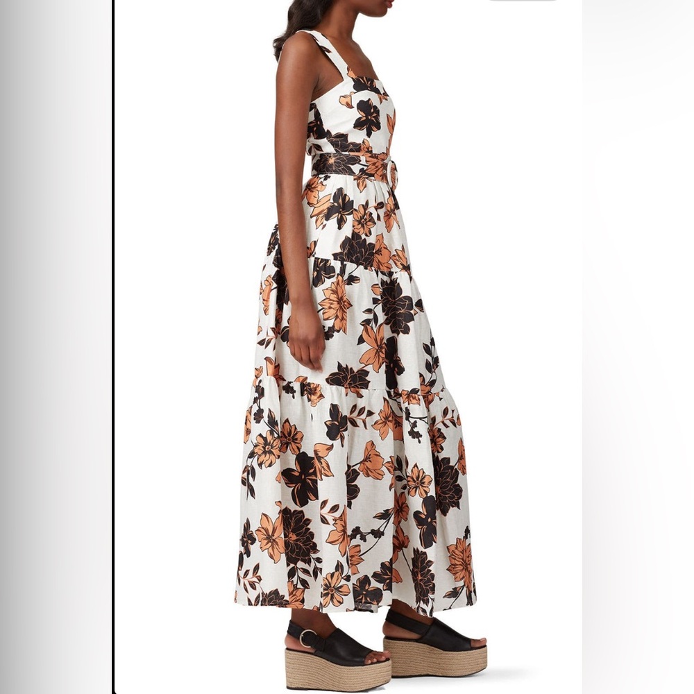 Nicholas Linen Floral Tiered Maxi Dress Size 0 Sepia Brown White Pockets - Picture 8 of 16